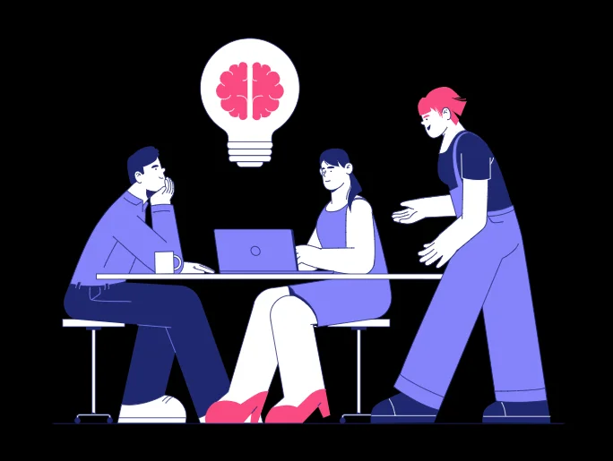 Illustration of a team discussing ideas around a table with a laptop